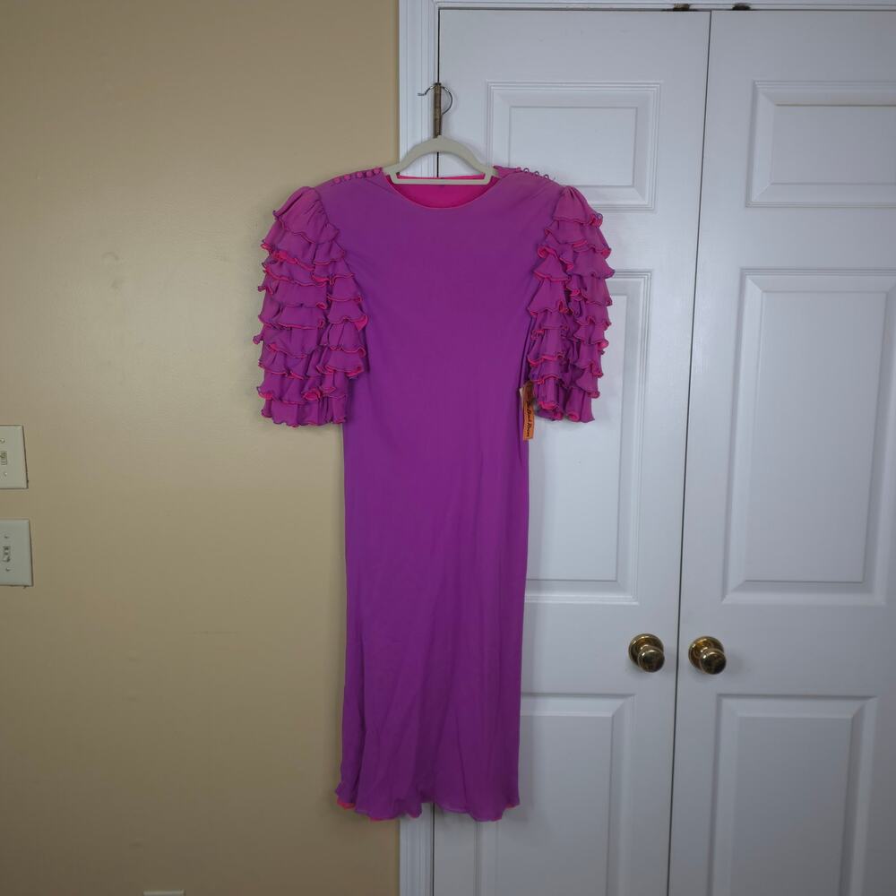 Vintage 80s Loehmann's Magenta Ruffle Sleeve Midi Dress Silk Size 12 DEADSTOCK